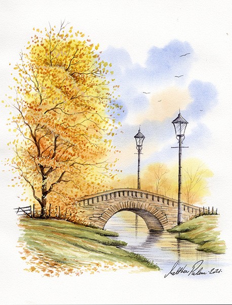 Autumn Vignette, with Trees, Bridge and Lamps- Previous LIVE Virtual  Watercolour Workshop with Matthew Palmer - Watercolour TV